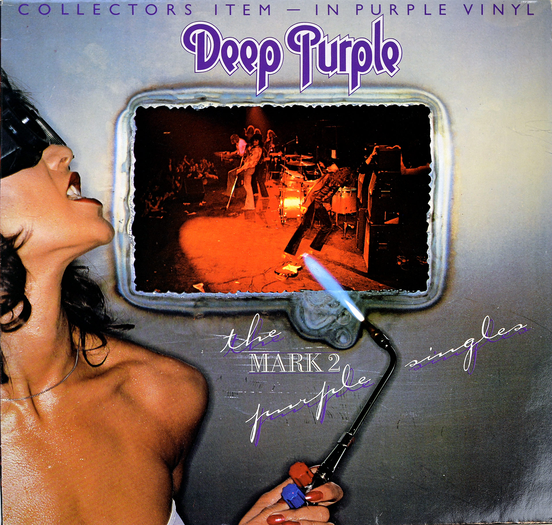 Album cover of Deep Purple’s The Mark 2 Purple Singles, featuring a live performance photo of the band in orange lighting, the Deep Purple logo in bold purple text, and a side profile of a woman wearing futuristic goggles holding a blowtorch with a blue flame